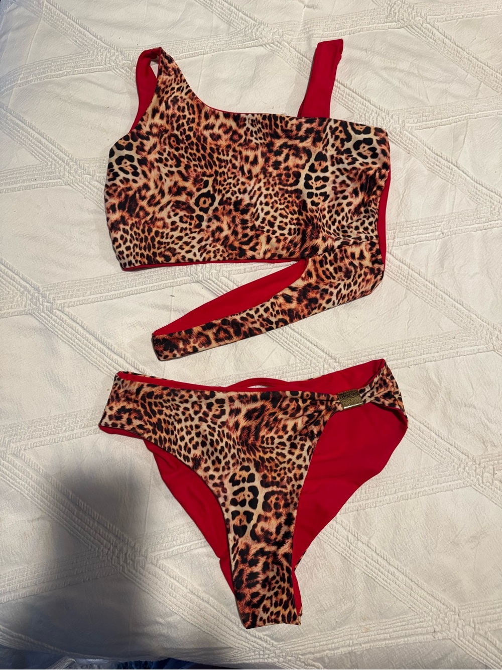 Women Leopard Print Red Two-Piece reversible hand made in Aruba Swim Set